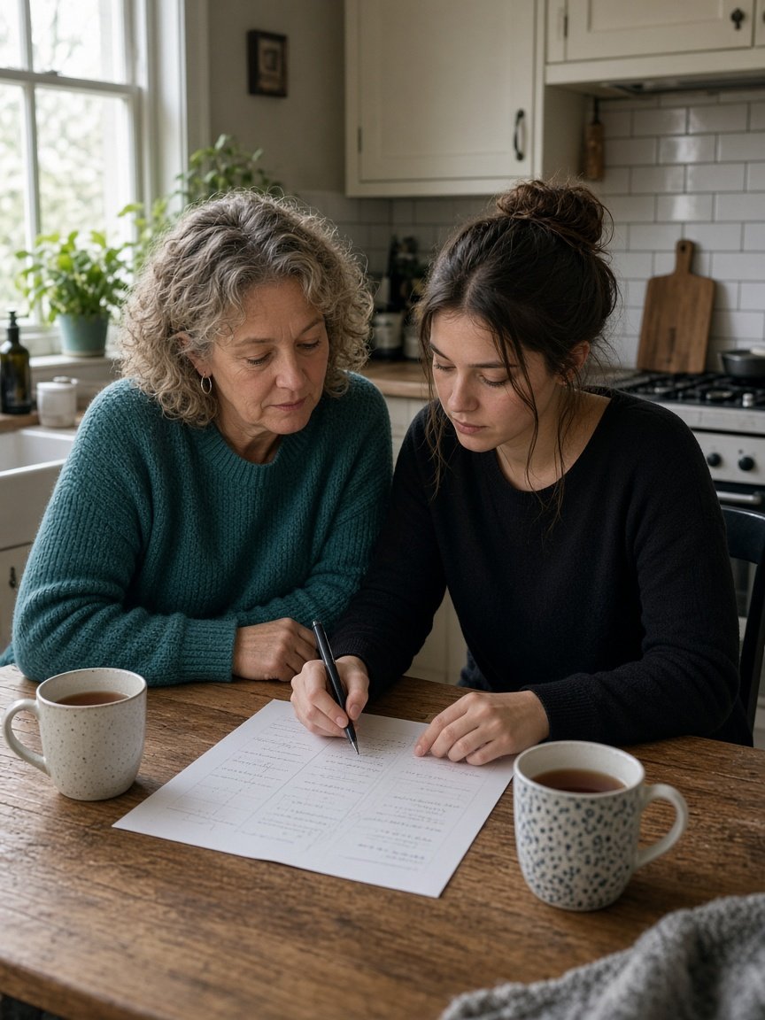 Begeleider en cliënt maken samen een dagplanning aan de keukentafel.
