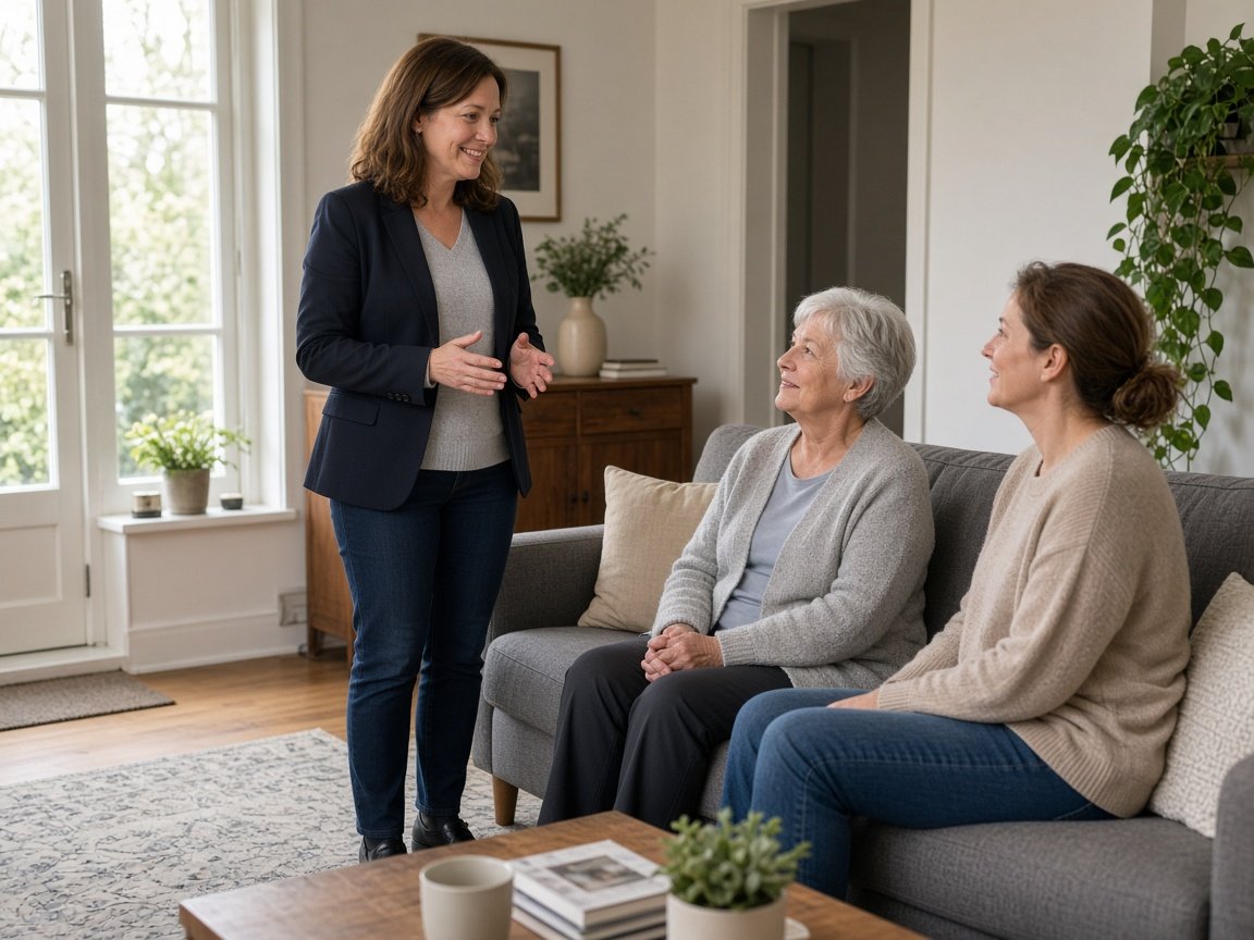 Zorgprofessional maakt kennis met een cliënt en een familielid in de woonkamer.